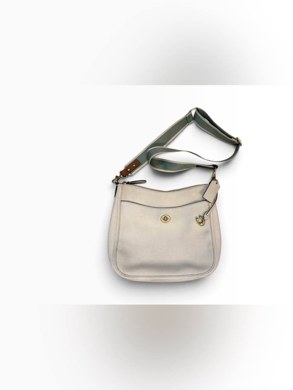 Coach Chaise Cream Pebbled Leather Crossbody Bag with Striped Strap